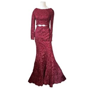 Sherri Hill Burgundy Red Two Piece Prom Skirt Top Embroidered Jewels Size 0